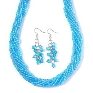 Women's Blue Color Glass and Austrian Crystal Necklace and Earrings in Silverton